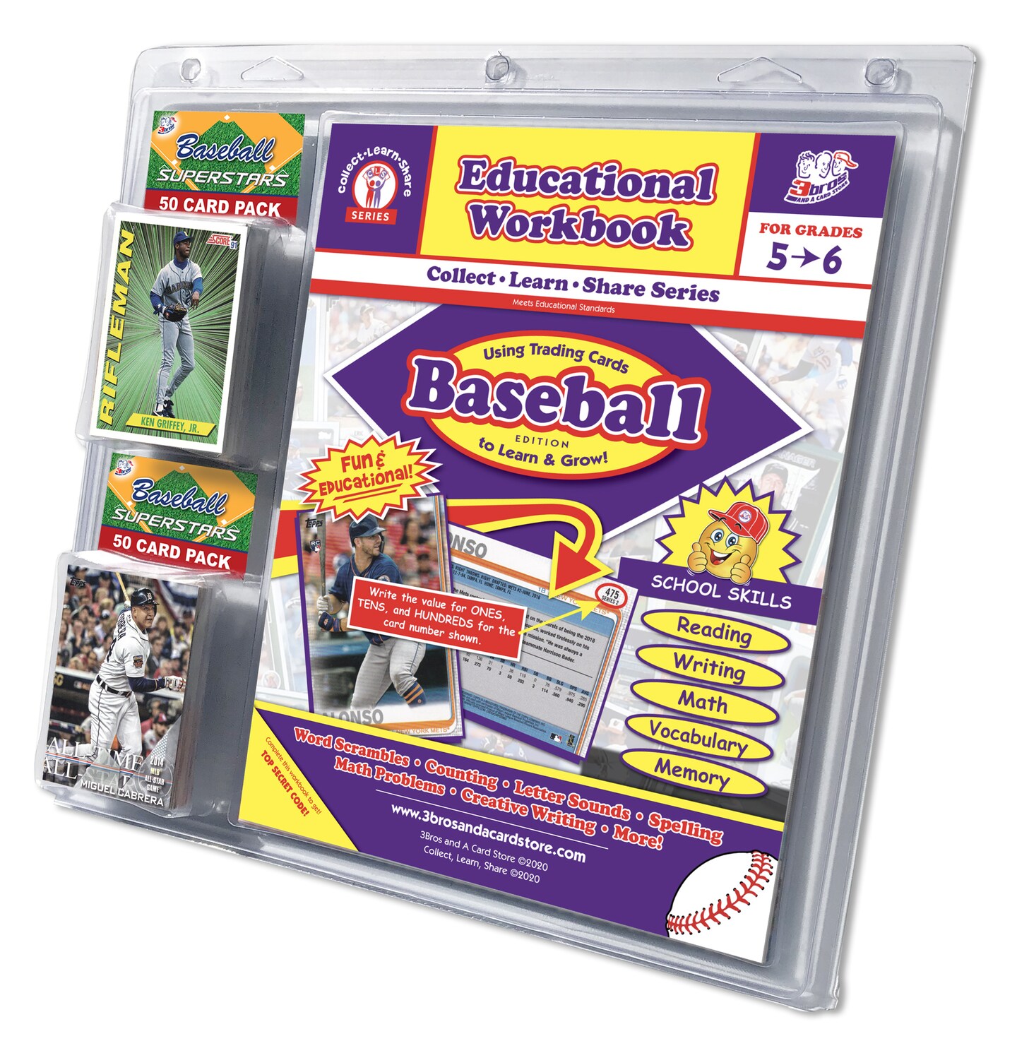 EDUCATIONAL WORKBOOK/ BASEBALL CARD COMBO PACK GRADES 5-6