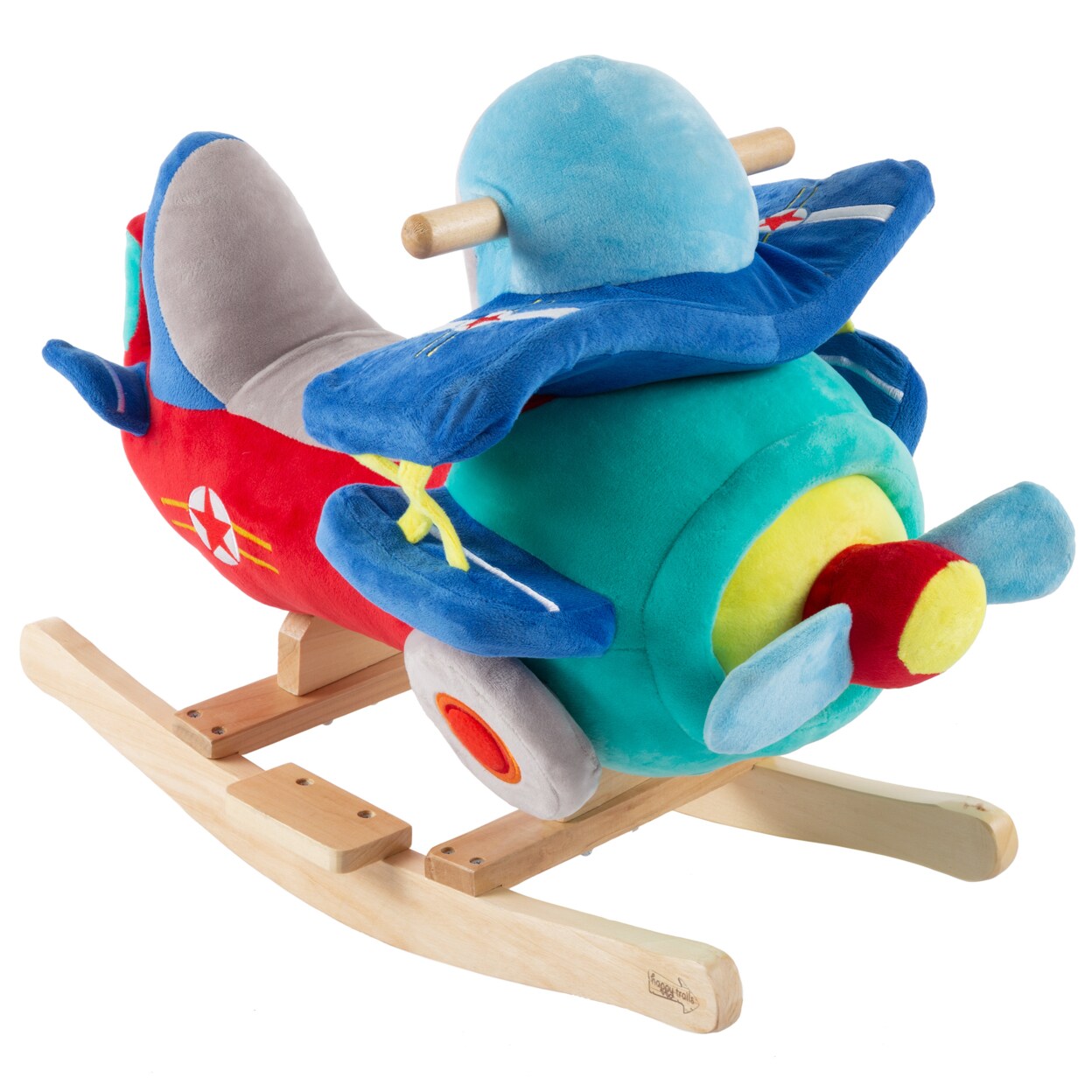 Happy Trails Rocking Plane Toy- Kids Plush Stuffed Ride On Wooden Rockers with Sounds and Handles-Make Believe Play