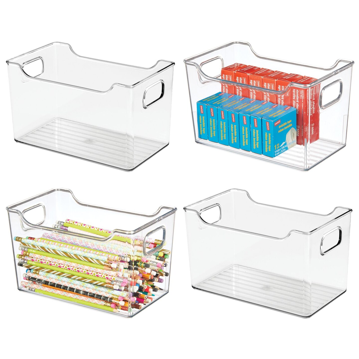 mDesign Plastic Office Storage Organizer Bin with Handles, 4 Pack, Clear