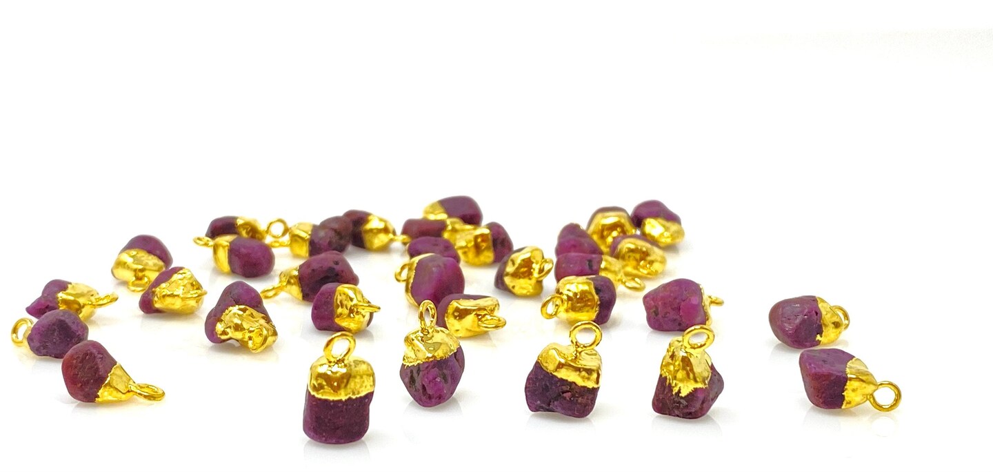 Rough Gold Electroplated Ruby Gemstone Cap Charms, Red - 12mm- 15mm - 10 Pieces