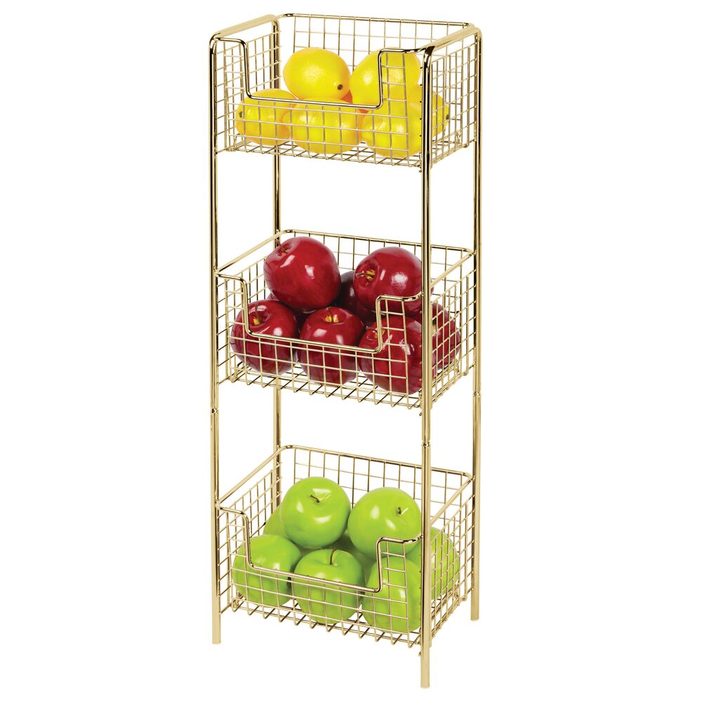 mDesign Vertical Standing Kitchen Pantry Food Shelving with 3 Baskets