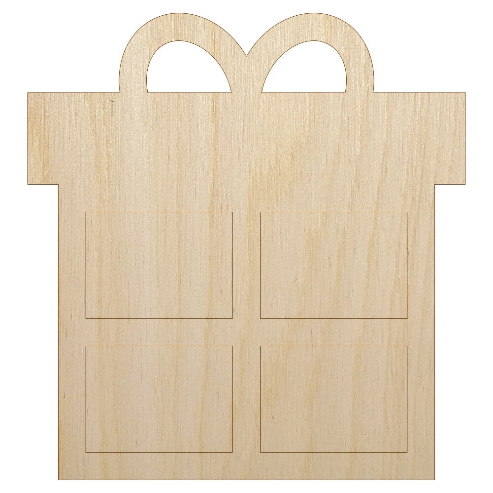 Present Gift Box Birthday Christmas Holiday Unfinished Wood Shape Piece Cutout for DIY Craft Projects