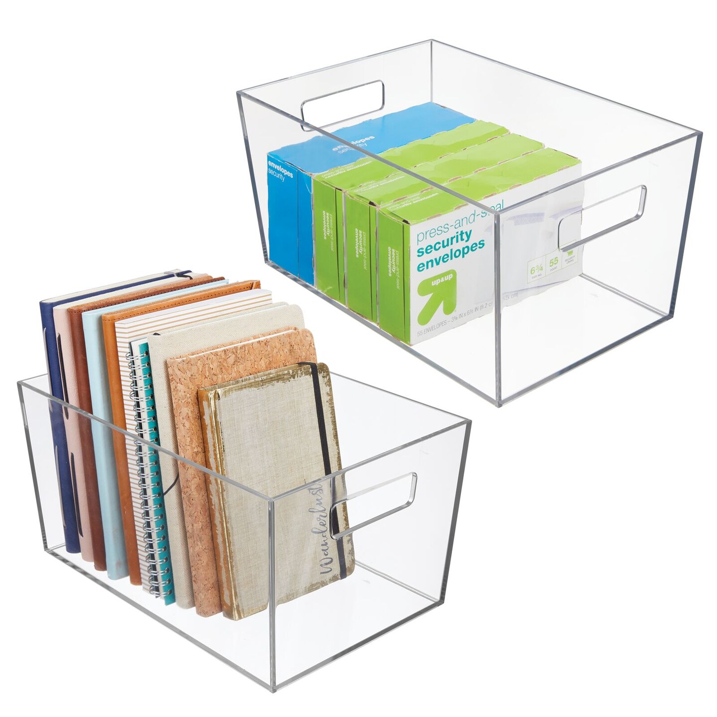 mDesign Plastic Storage Bin with Handles for Office, Desk, Book Shelf, Filing Cabinet