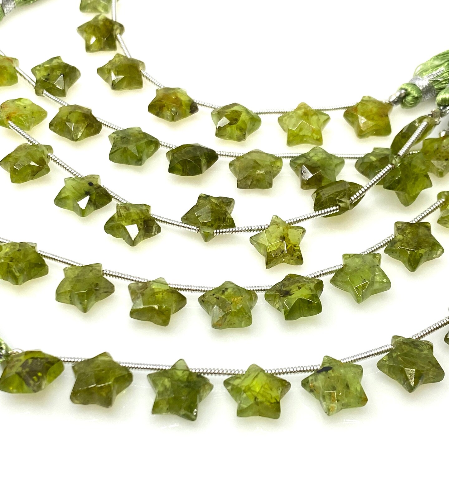 Rare Peridot Gemstone, Hand Carved Star Beads, Green - 5 Strand/ 10 Beads, 10mm