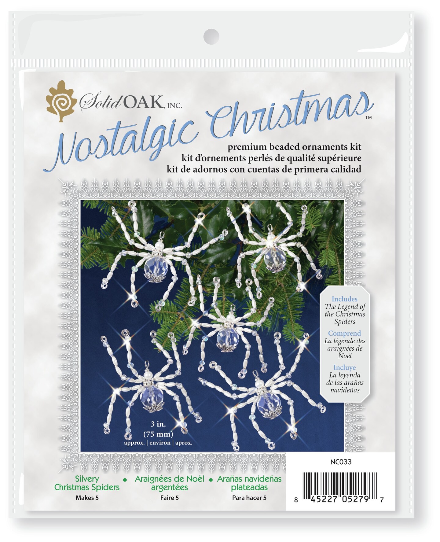 Solid Oak Nostalgic Christmas Beaded Crystal Ornament Kit-Silvery Christmas Spiders Makes 5