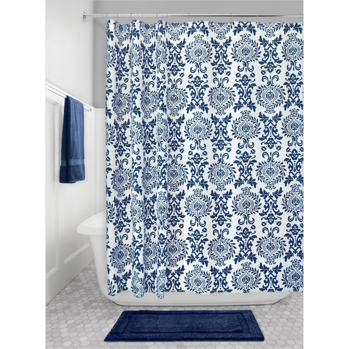 mDesign LONG Damask Print - Easy Care Fabric Shower Curtain - 72" x 84"
