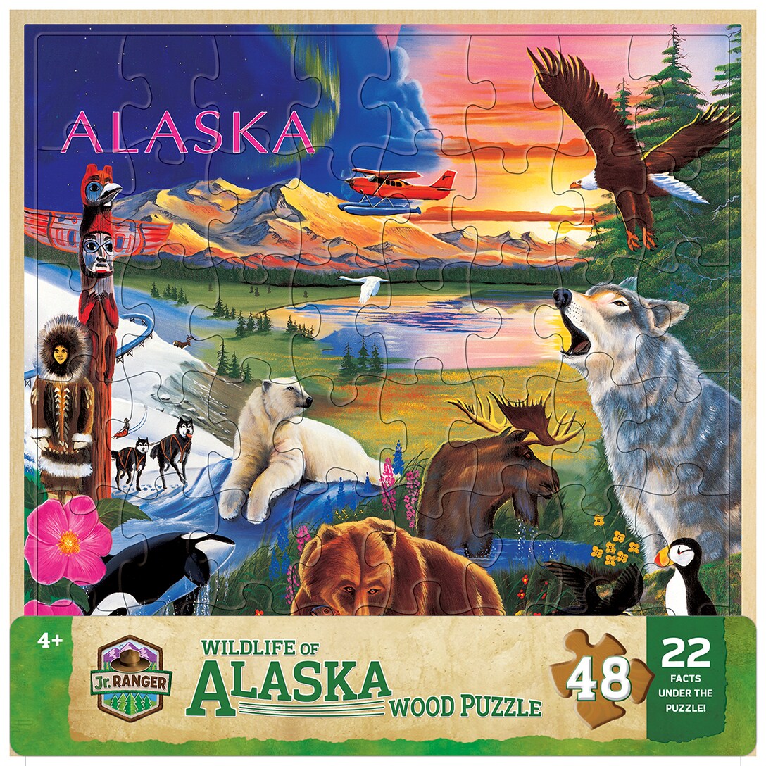 Masterpieces 48 Piece Fun Facts Jigsaw Puzzle for Kids Jr Ranger Alaska Wildlife Wood Puzzle