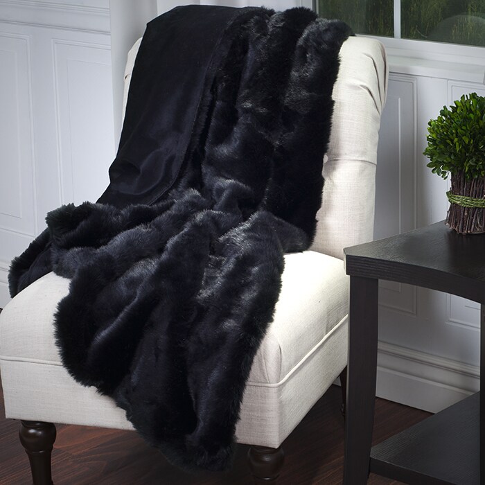 Lavish Home Faux Faux Throw Blanket Black Plush 50X60 Soft Cozy Decor