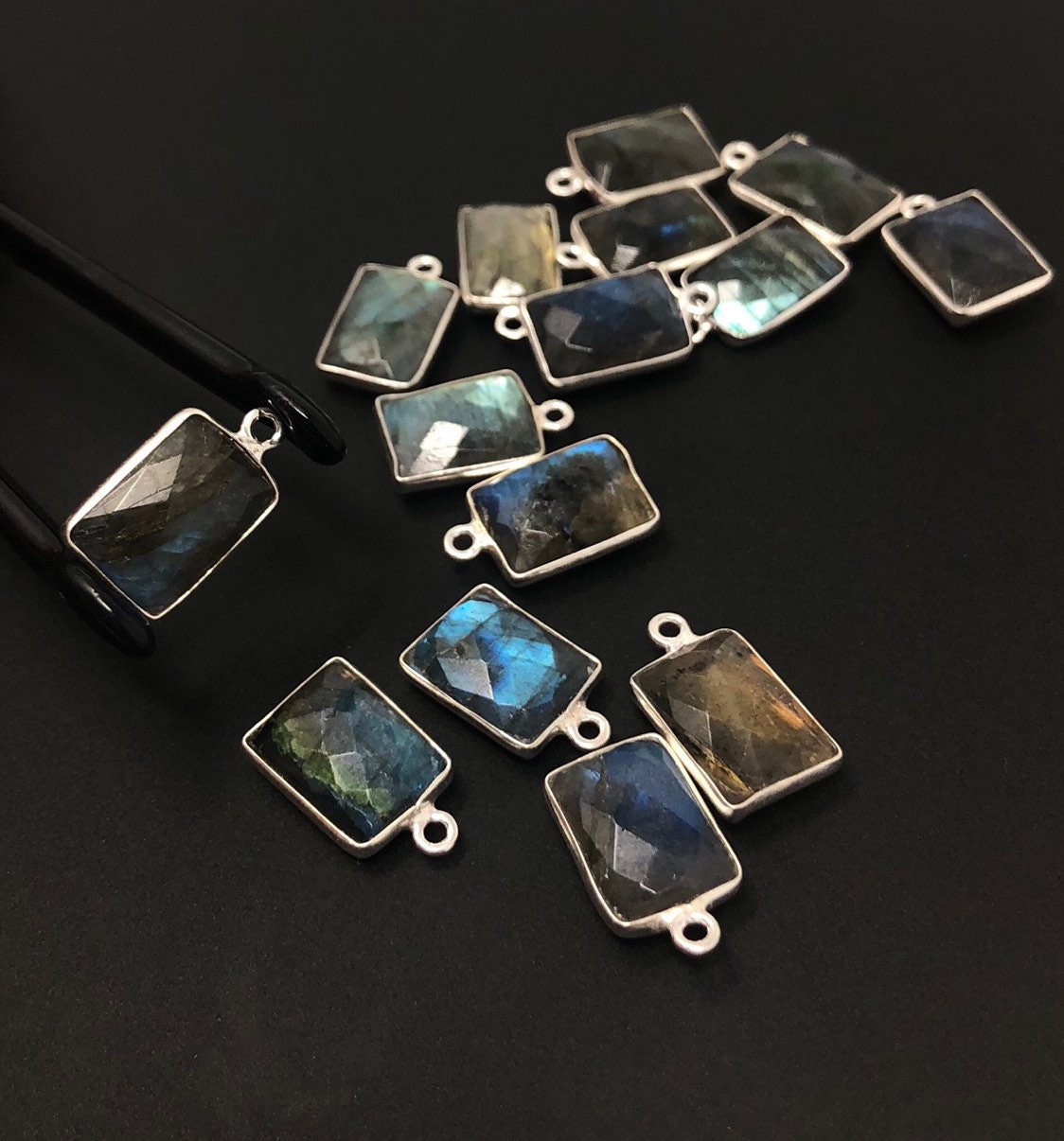 Labradorite Gemstone Sterling Silver Briolette Charms, Pewter - 16x9mm - 4 Pieces