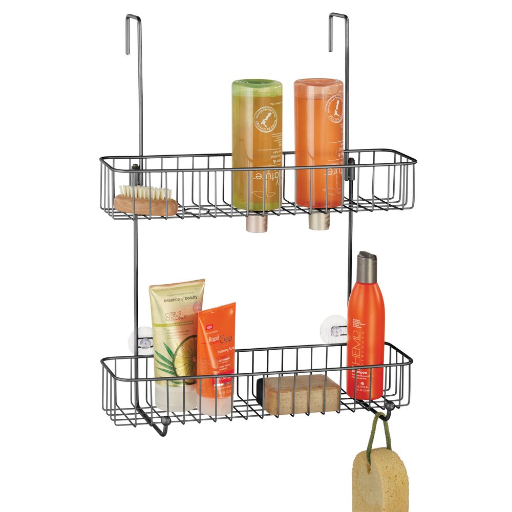 mDesign Wide Metal Over Door Hanging Shower Caddy, 2 Hooks and Baskets