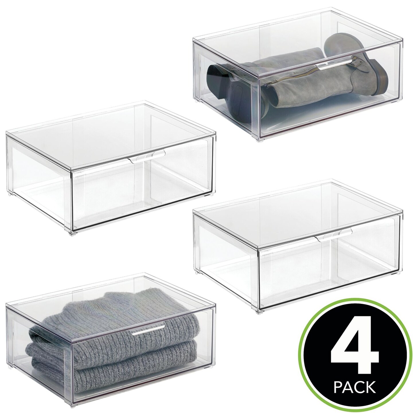 mDesign Plastic Stacking Closet Storage Organizer Bin with Drawer, 4 Pack, Clear