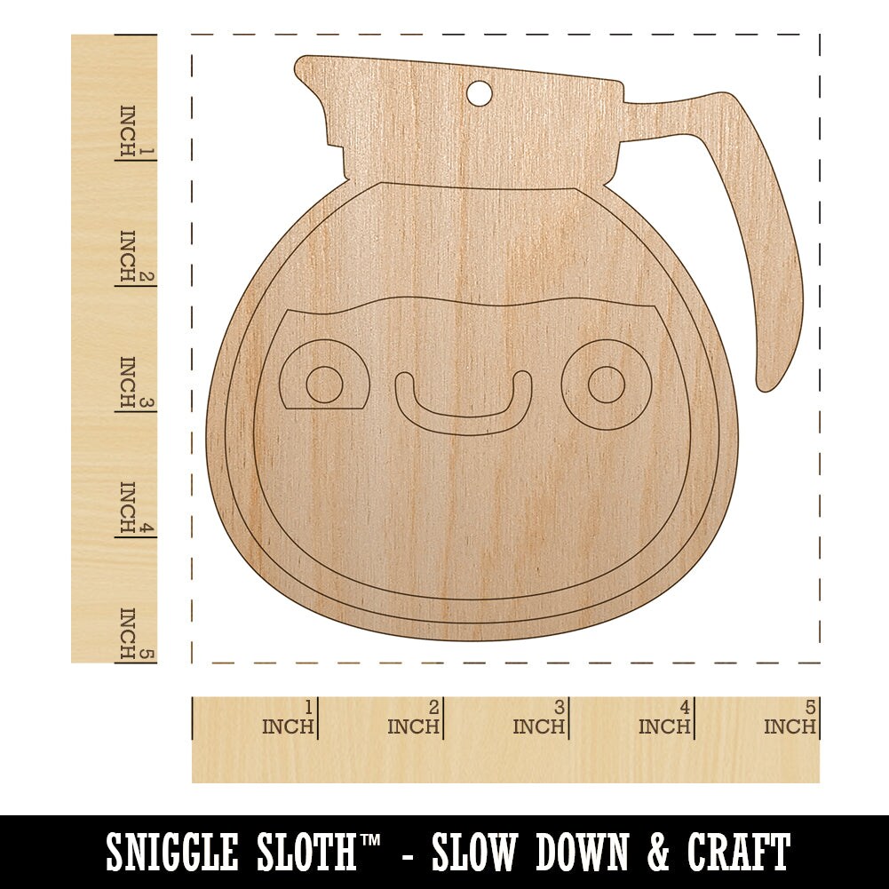 Cute Kawaii Caffeinated Coffee Pot Unfinished Craft Wood Holiday Christmas Tree DIY Pre-Drilled Ornament