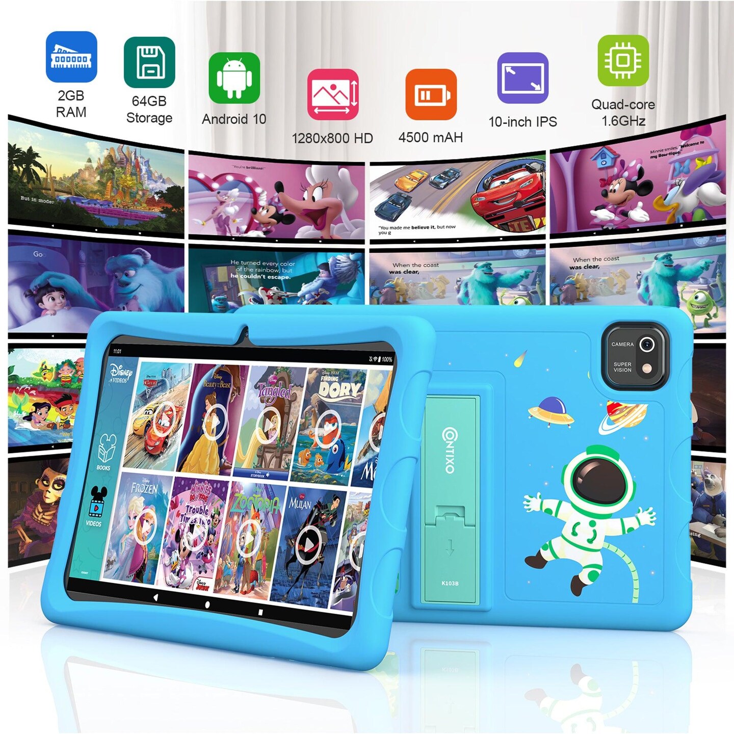 K103B 10-Inch Kids 64GB HD Tablet, Blue