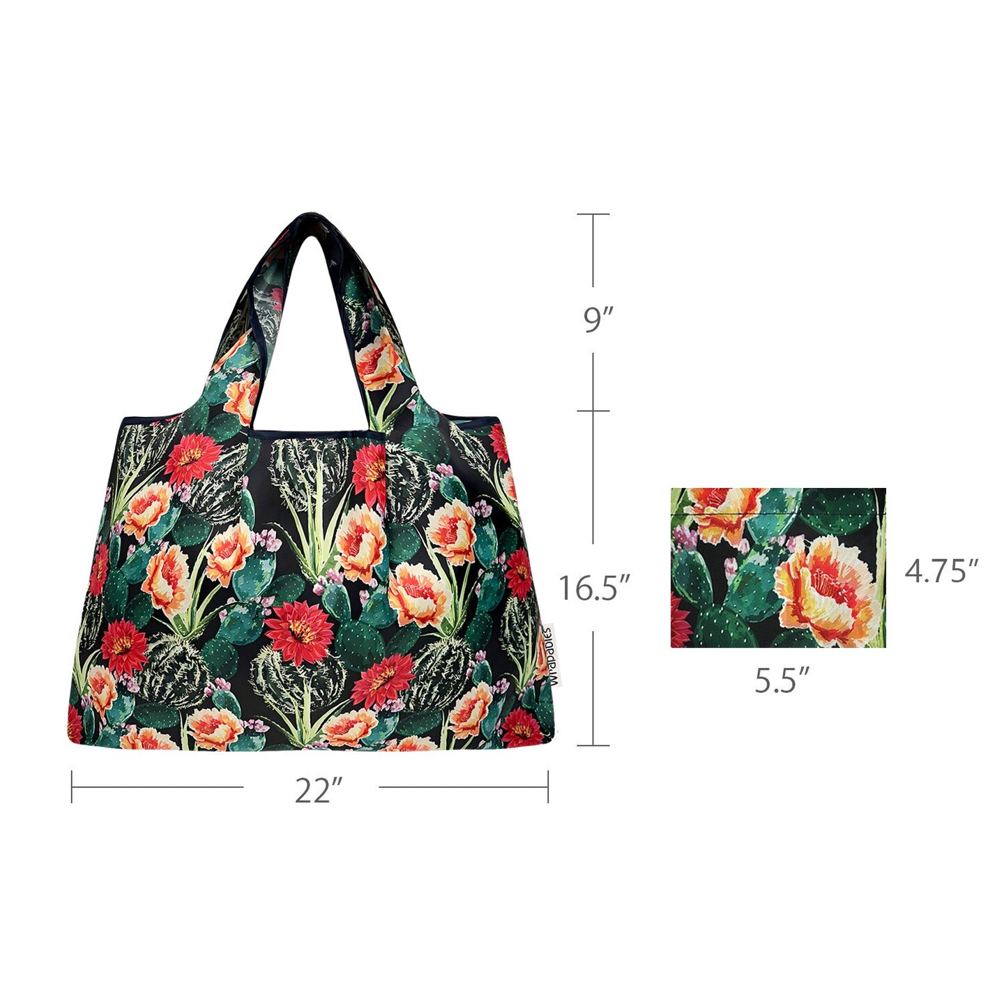 Wrapables Large Foldable Tote Nylon Reusable Grocery Bags, Floral Cactus
