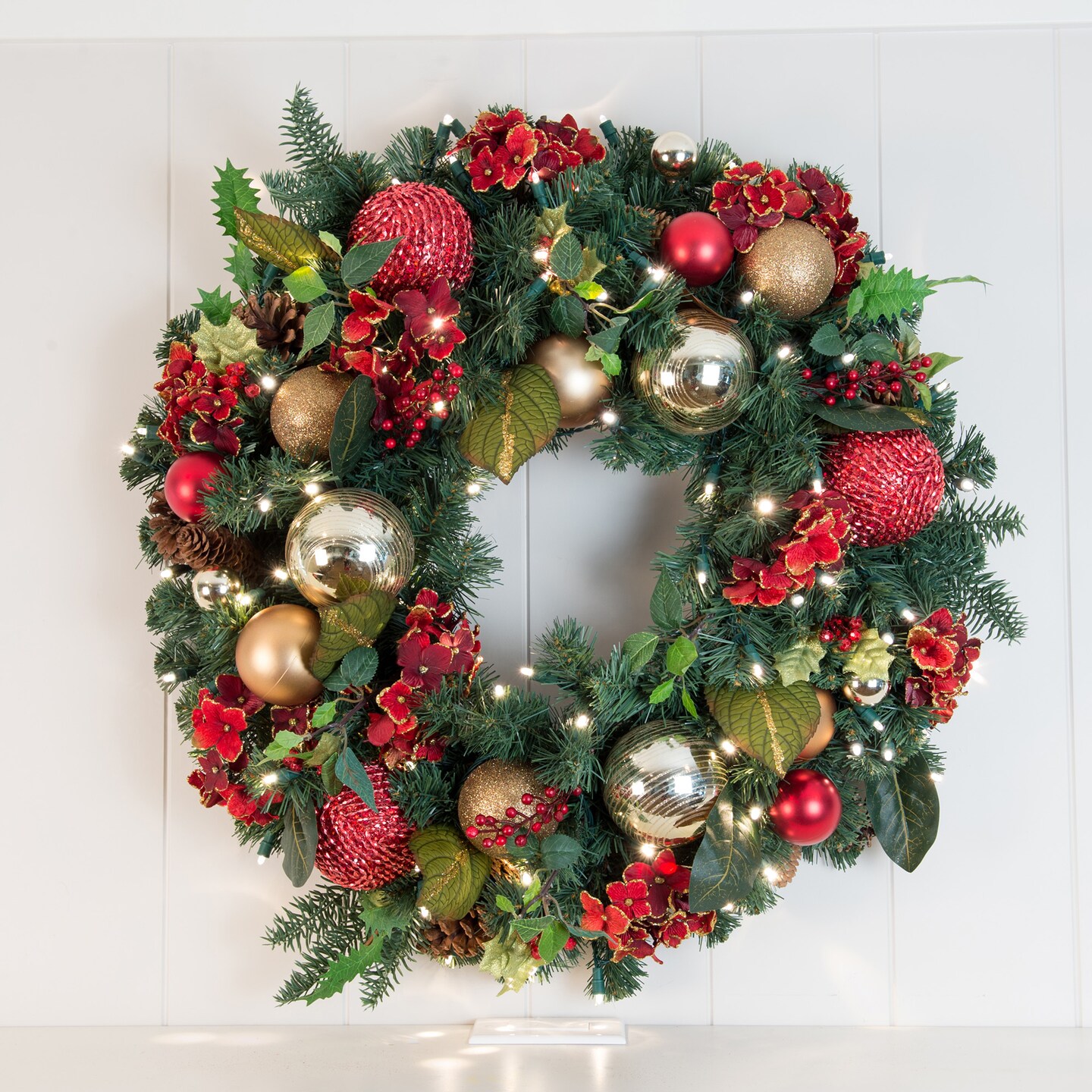 30 in. Lighted Christmas Wreath - Scarlet Hydrangea