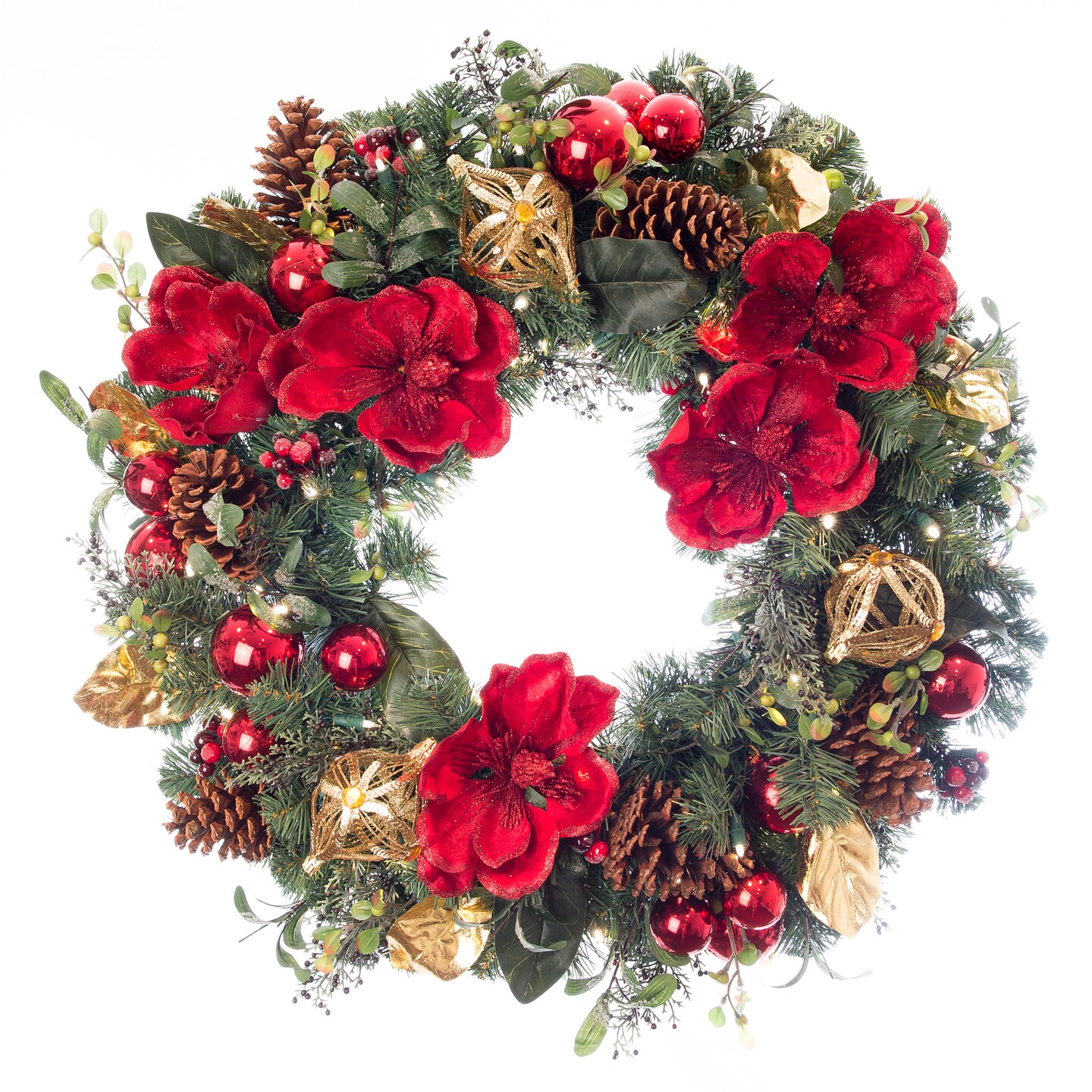 Lighted Christmas Wreath - Red Magnolia