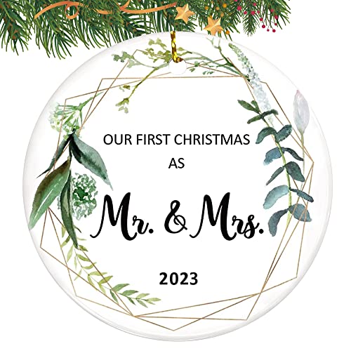Our First Christmas Married Ornament 2023,Just Married Gifts for Couple,Mr  and Mrs, Ceramic Keepsake 1st Christmas Married Ornaments with Ribbon and
