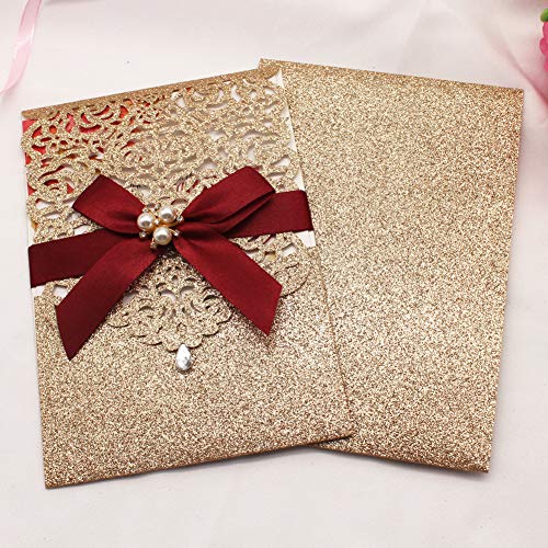 AdasBridal 25Pcs Gold Glitter Laser Cut Invitations with RSVP Cards and Envelopes Luxury Diamond and Ribbon Design with 250GSM Pearl Paper Insert for Wedding Engagement Birthday Quinceanera Invite
