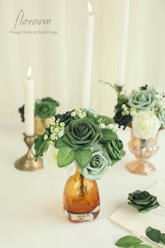 Floroom Artificial Flowers 25pcs Real Looking Forest Green Ombre Colors Foam Fake Roses with Stems for DIY Wedding Bouquets Bridal Shower Floral Centerpieces Party Tables Home Decorations
