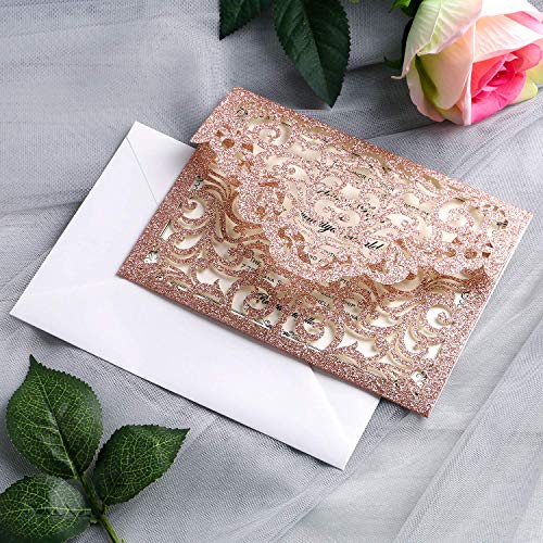 YIMIL 20 Pcs Laser Cut Wedding Invitation Card with Envelope for Wedding Quinceanera Bridal Shower Baby Shower Party Invite (Rose Gold Glitter)