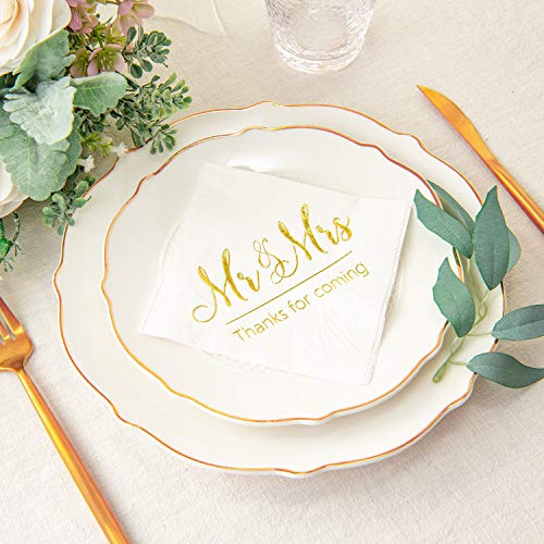 Crisky Napkins Mr and Mrs Gold Cocktail Beverage Dessert for Wedding Shower Engagement Party Decorations, Cake Table Decor Supplies. 100 Pcs, 3-Ply