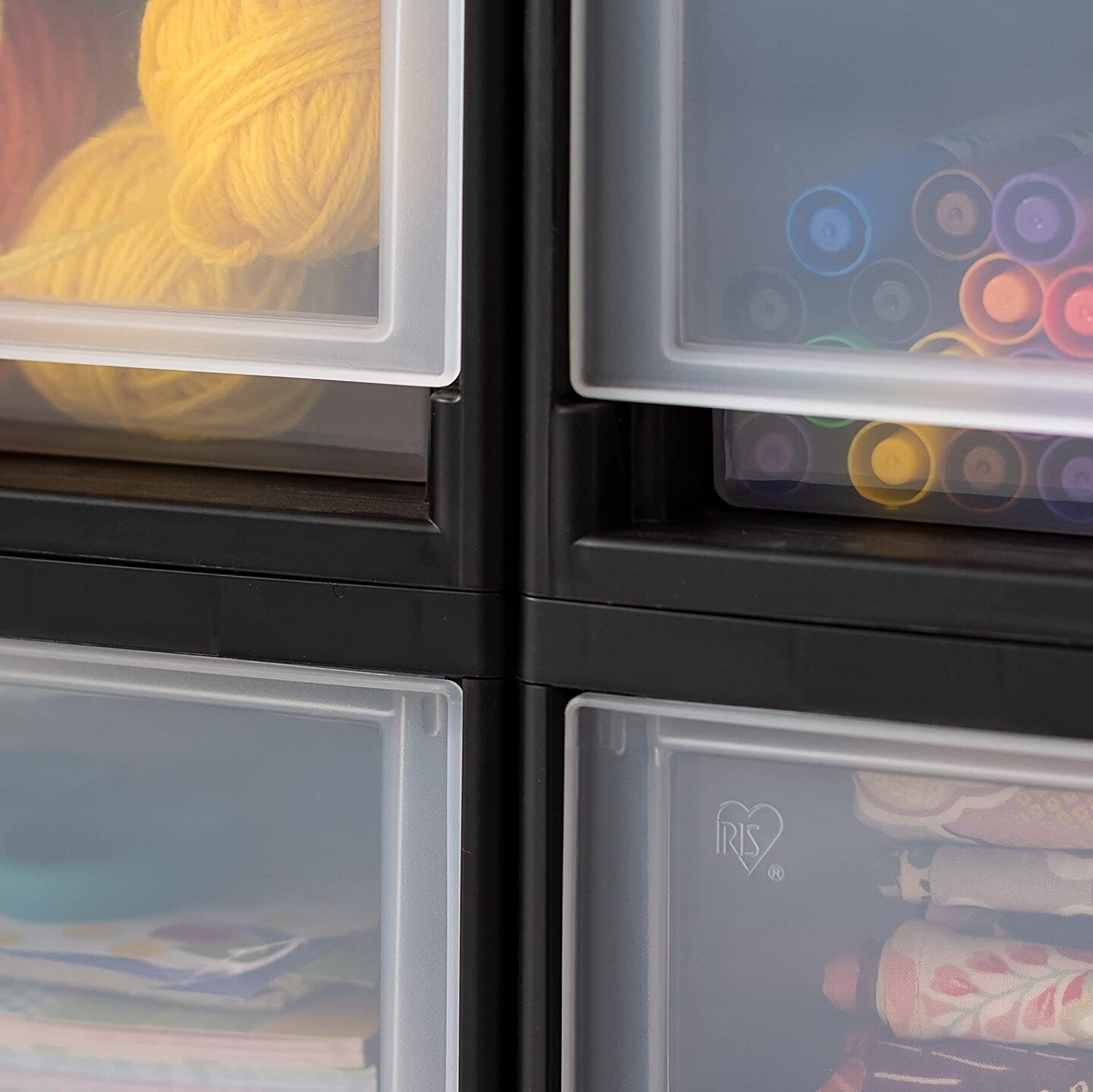 IRIS USA 4 Pack 6qt Plastic Compact Stackable Storage Drawers, Black/White