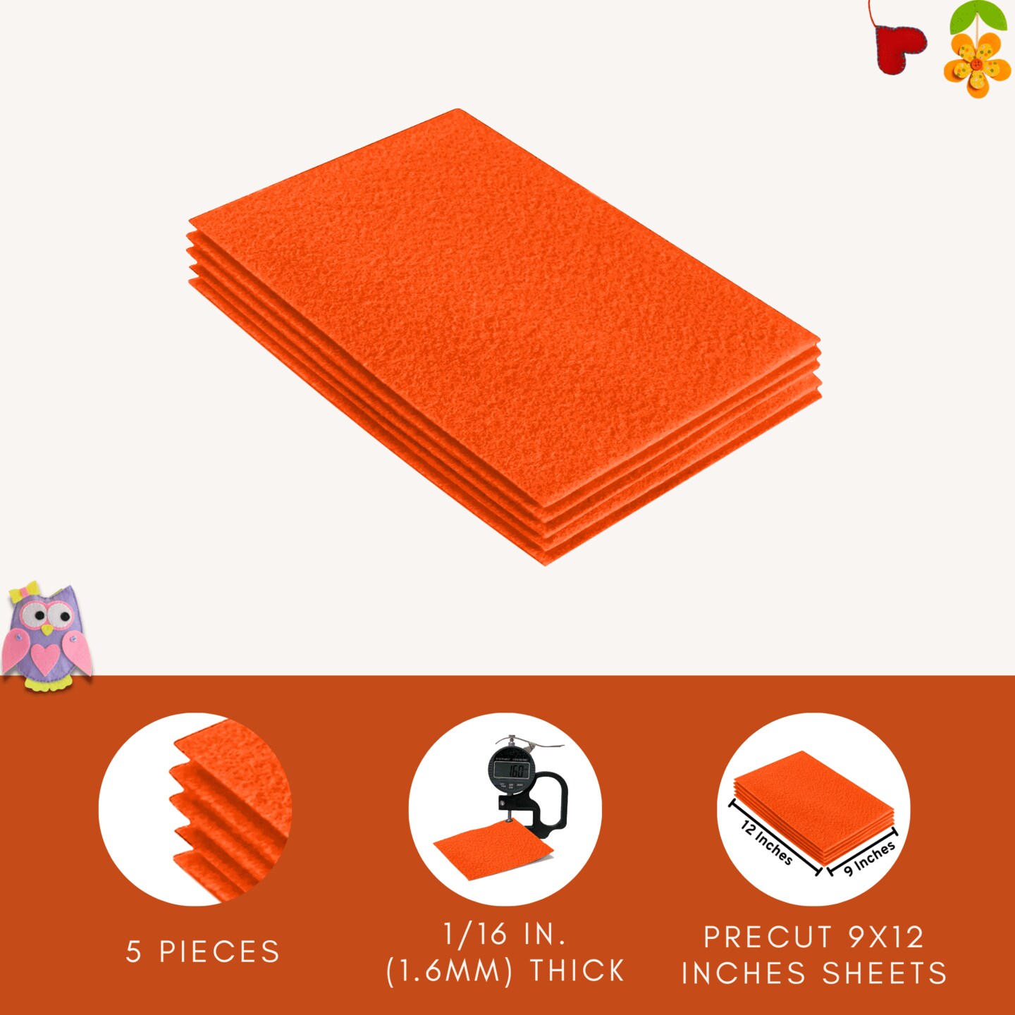 FabricLA Acrylic Felt Sheets for Crafts - Precut 9" X 12" Inches (20 cm X 30 cm) Felt Squares - Use Felt Fabric Craft Sheets for DIY, Costume, and Decoration | Light Orange - 5 Pieces