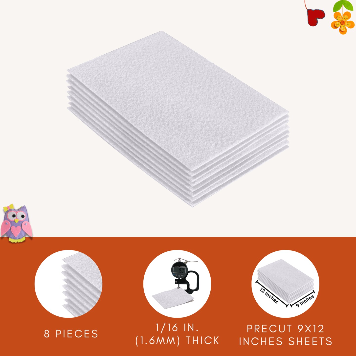 FabricLA Acrylic Felt Sheets for Crafts - Precut 9" X 12" Inches (20 cm X 30 cm) Felt Squares - Use Felt Fabric Craft Sheets for DIY, Costume, and Decoration | White - 8 Pieces