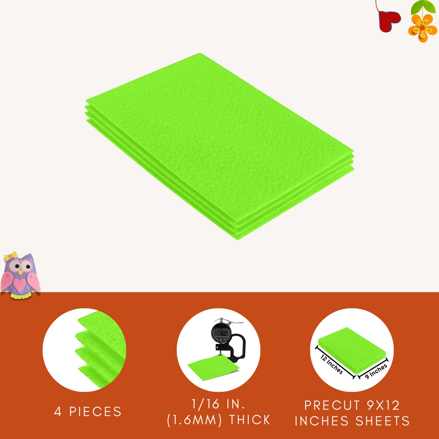 FabricLA Acrylic Felt Sheets for Crafts - Precut 9" X 12" Inches (20 cm X 30 cm) Felt Squares - Use Felt Fabric Craft Sheets for DIY, Costume, and Decoration | Neon Green - 4 Pieces