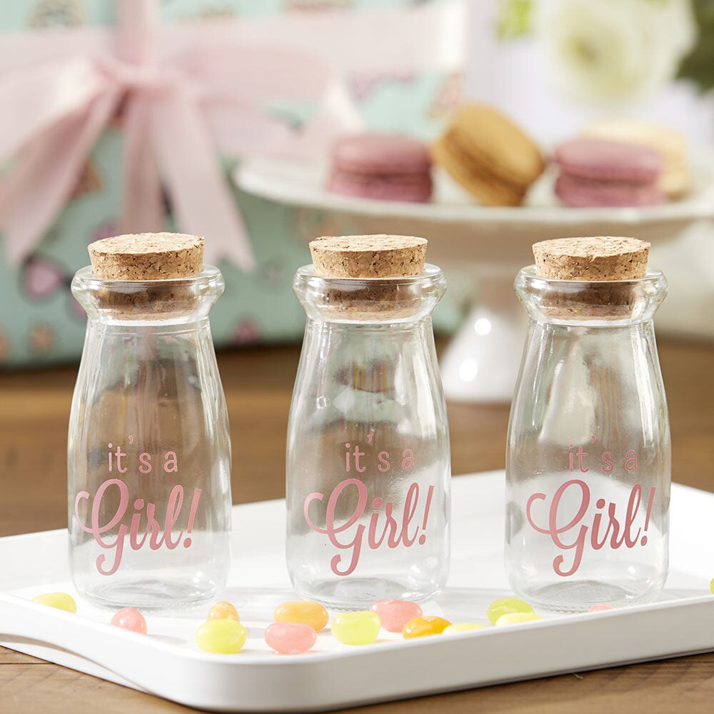 3.8 oz. Printed Vintage Milk Bottle Favor Jar - It's a Girl Pink (Set of 12)