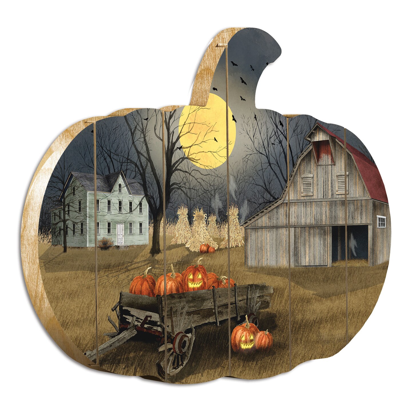 Spooky Harvest Moon - By Artisan Billy Jacobs Printed on Wooden Pumpkin Wall Art