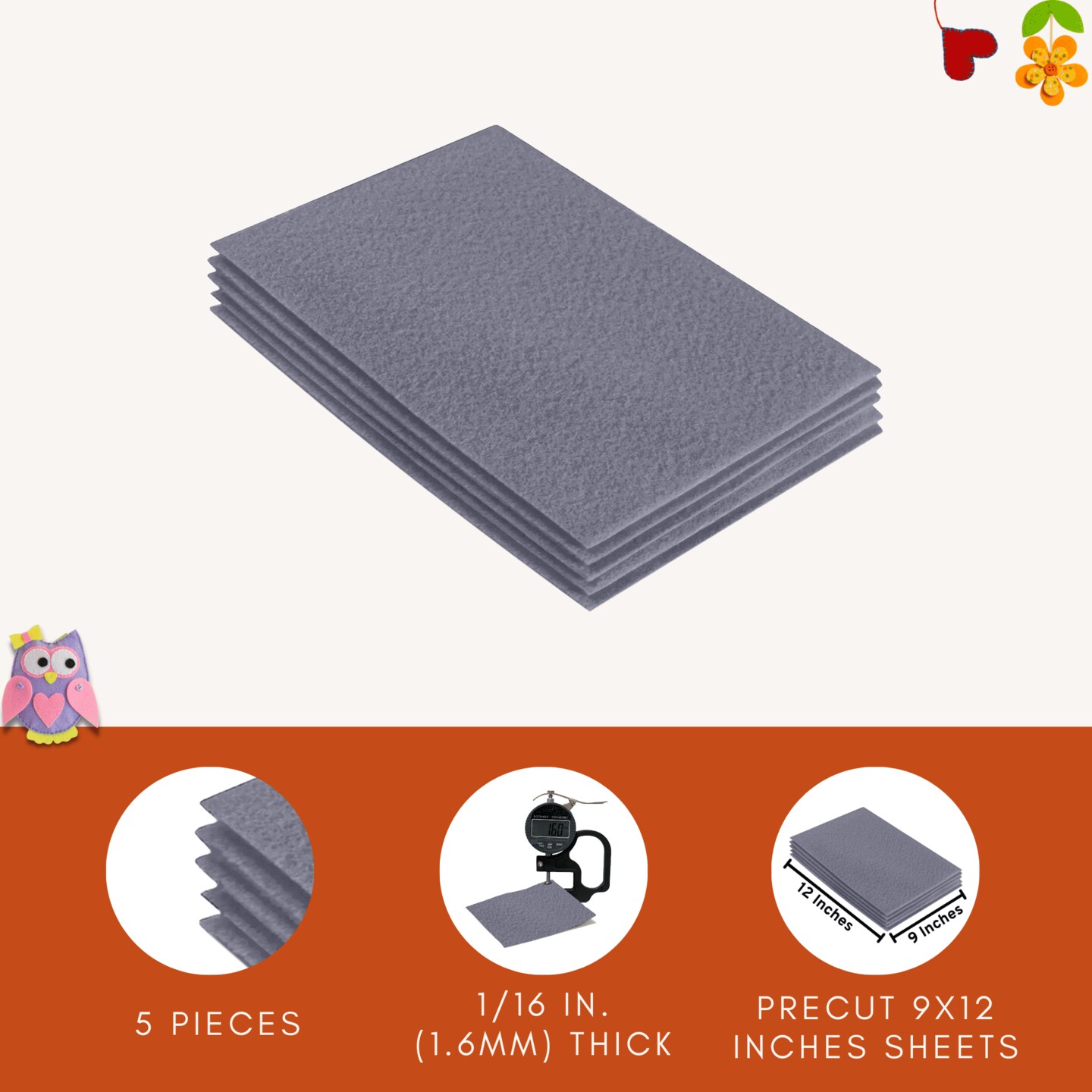 FabricLA Acrylic Felt Sheets for Crafts - Precut 9" X 12" Inches (20 cm X 30 cm) Felt Squares - Use Felt Fabric Craft Sheets for DIY, Hobby, Costume, and Decoration | Grey - 5 Pieces