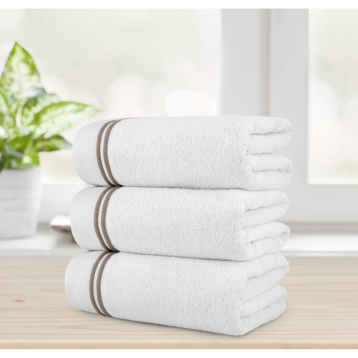 Chic Home Luxurious 3-Piece 100% Pure Turkish Cotton White Bath Towels 30" x 60" Striped Hem