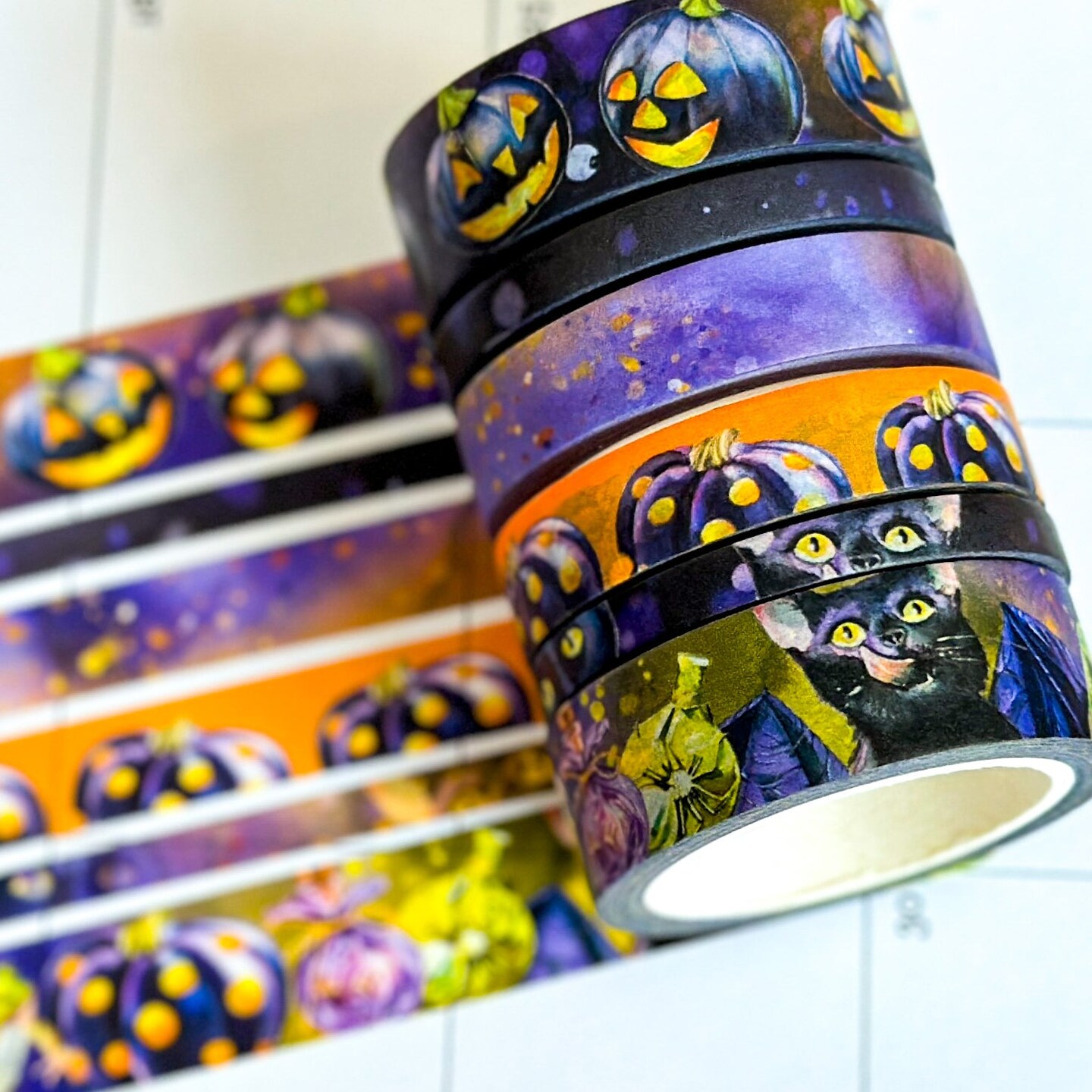 Black Cats Bats Halloween Spooky Purple Black Spells Washi Tape Set - W094