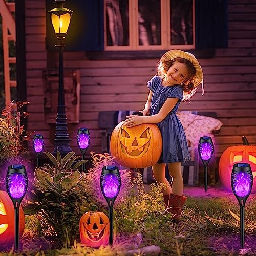 8 Pack Outdoor Halloween Decorations, Halloween Solar Lights with Purple Flame for Halloween Decor, Waterproof Halloween Lights Outdoor, Solar Pathway Lights for Outside Halloween Yard Decorations Lawn