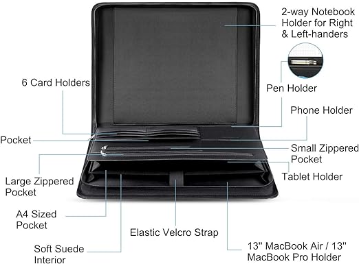 SIMBOOM Zippered Leather Padfolio Multi-Functional Organizer- (Black)