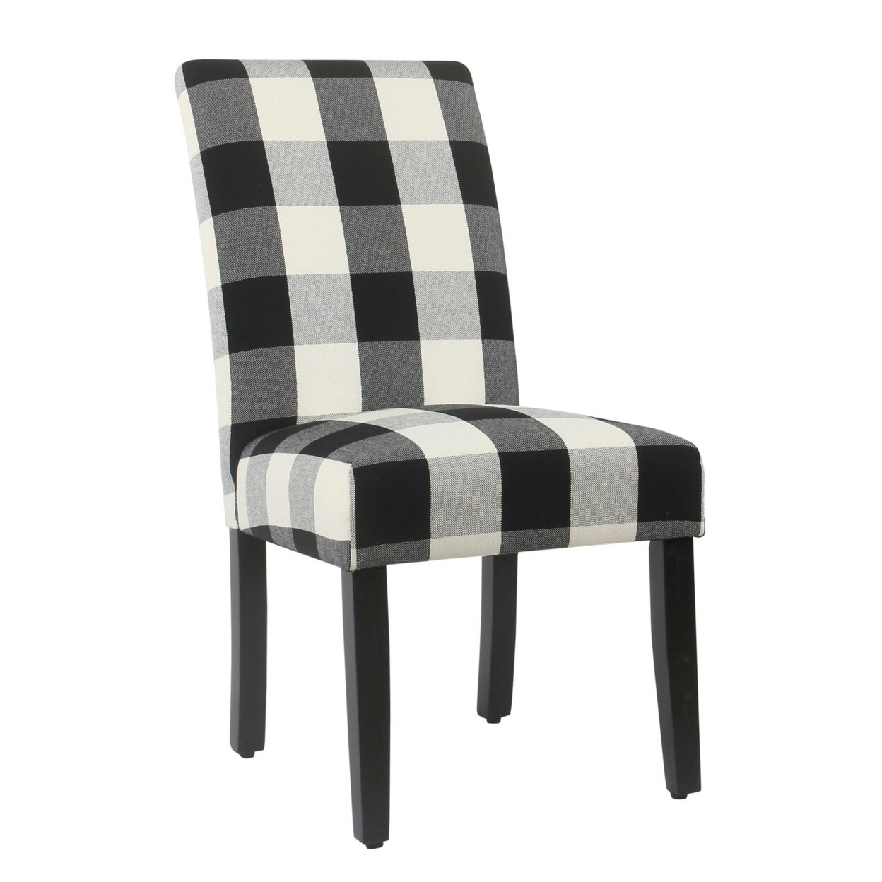Saltoro Sherpi Wooden Dining Chairs with Plaid Pattern Fabric Upholstery, Black and White, Set of Two-