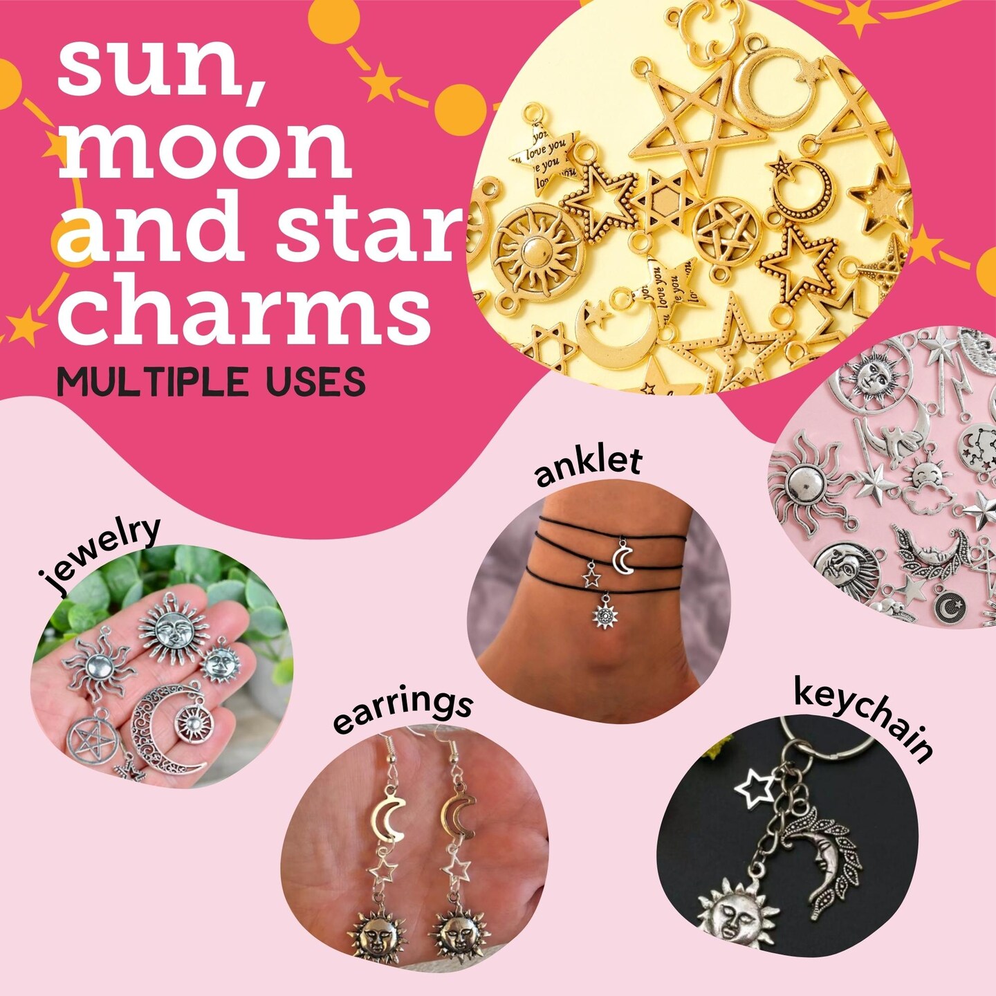 Celestial Mixed Sun Moon Star Charms, JIALEEY Wholesale Bulk Lots Antique Alloy Charms Pendants DIY for Necklace Bracelet Jewelry Making and Crafting