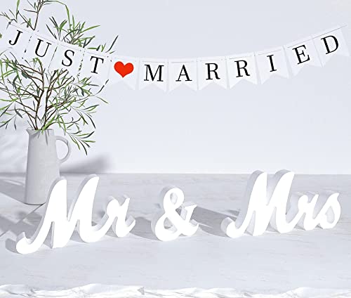 VIOPVERY Wedding Decorations Set,Large Mr and Mrs Sign &#x26; Just Married Banner,Mr &#x26; Mrs Signs for Wedding Table,Wooden Letters Sweetheart Table,Photo Props Wedding Decorations for Anniversary,White