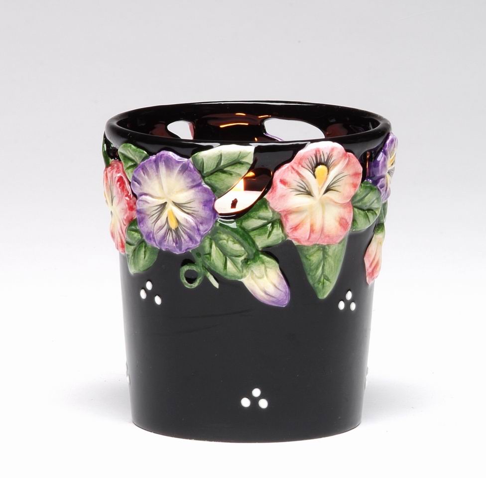 Ceramic Pansy Flower Black Votive Candle Holder with Glass Cup, Home D&#xE9;cor, Gift for Her, Gift for Mom, Kitchen D&#xE9;cor, Bathroom Decor
