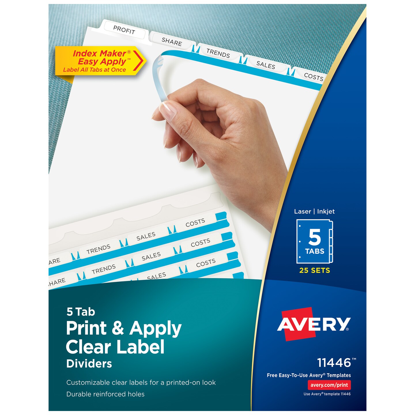 Avery 5 Tab Dividers for 3 Ring Binder, Easy Print &#x26; Apply Clear Label Strip, Index Maker Customizable White Tabs, 25 Sets (11446)