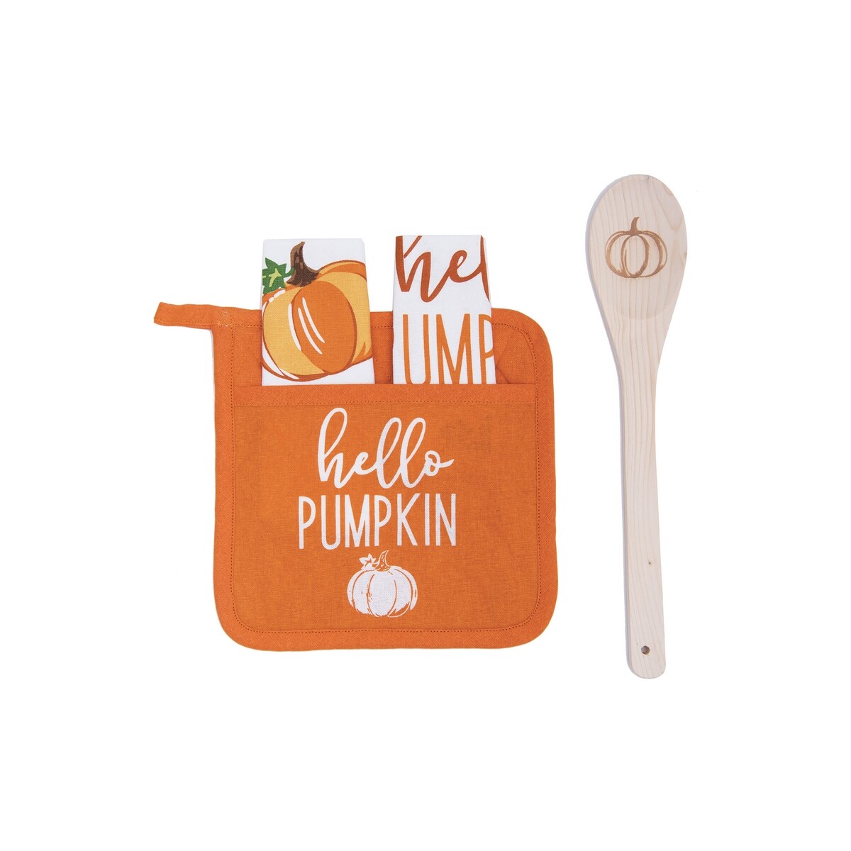 "Hello Pumpkin" Pocket Potholder w/ Wooden Spoon & Printed Dishtowels Gift Set