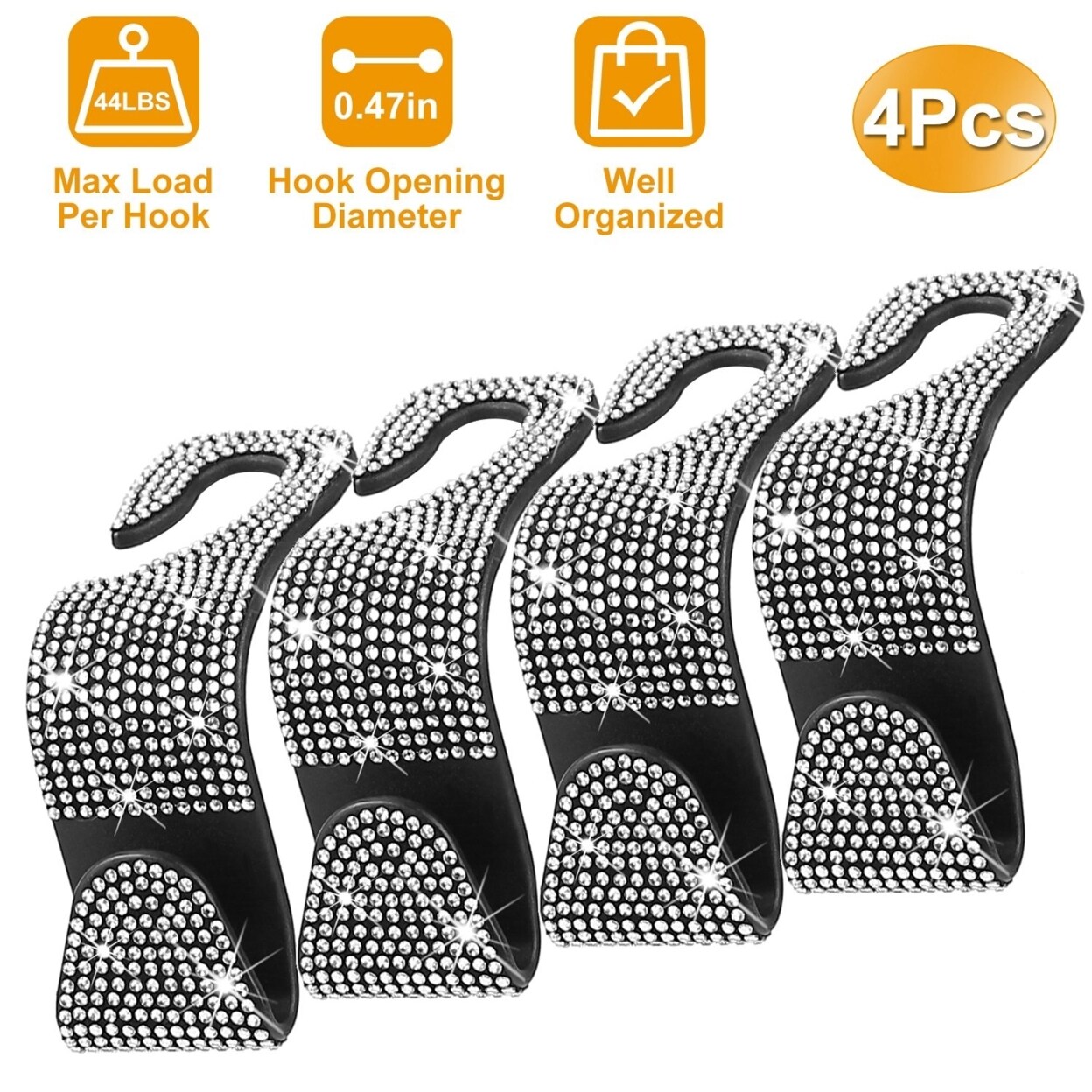 4Pcs Bling Rhinestones Car Headrest Hooks Organizer Hang Bags Grocery Umbrellas