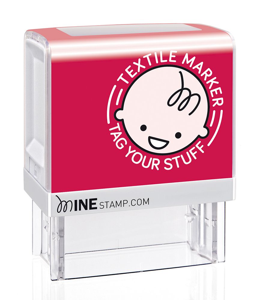 MINE Textile Possession Stamp with Indelible Ink, Characters, Pictograms, Thermo-Adhesive Ribbon and Tweezers