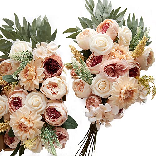 MISSPIN Wedding Artificial Flowers Combo Box Set for DIY Wedding Bridal Bouquets Fake Peony Flowers Leaf with Stems Centerpieces Arrangements Party Baby Shower Home Decorations(Champagne)