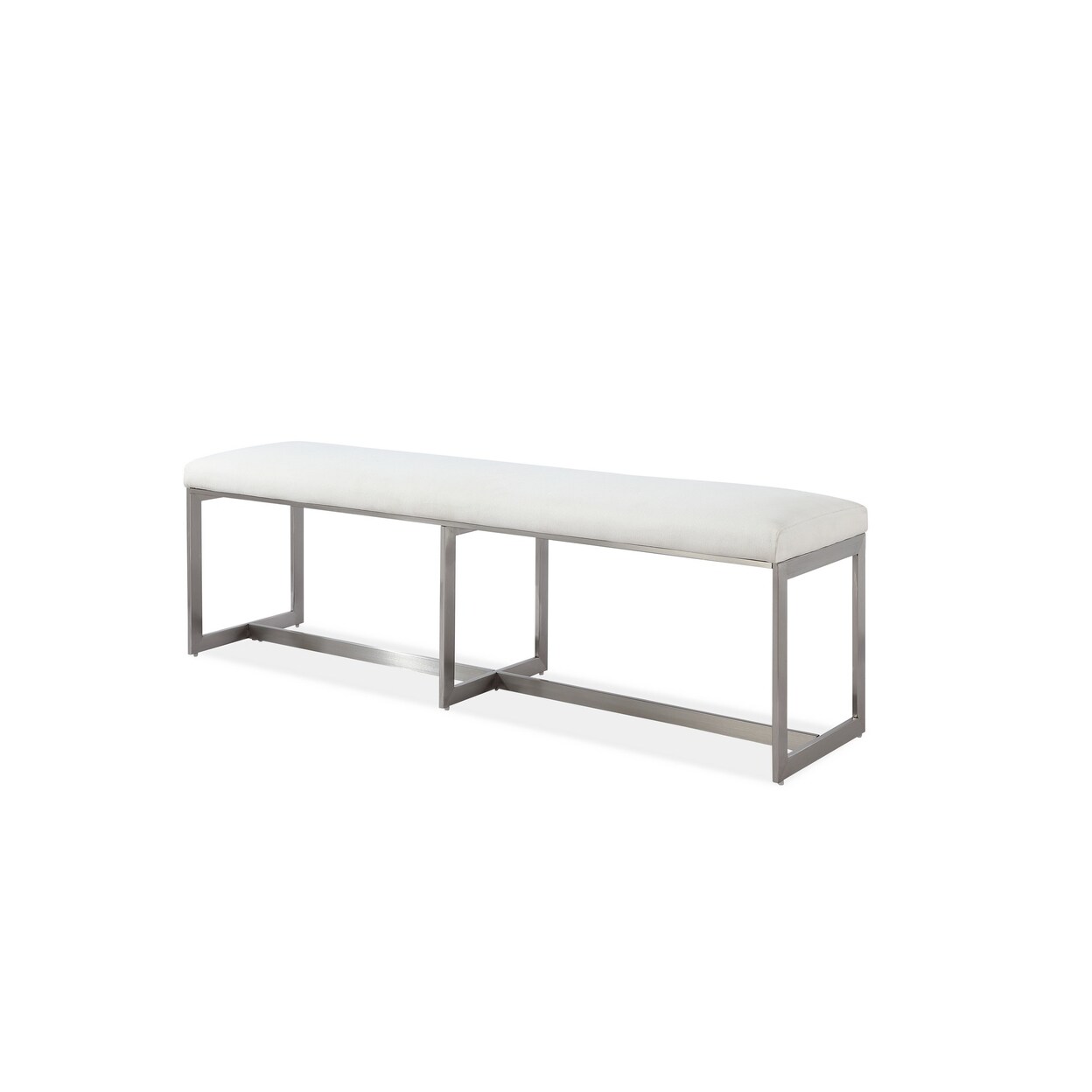 Saltoro Sherpi 60 Inch Dining Bench, White Fabric Padded Seat, Brushed Silver Steel Base -
