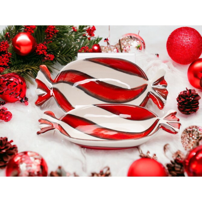 kevinsgiftshoppe Ceramic Peppermint Dish Set/2 Home Decor   Kitchen Decor Christmas Decor
