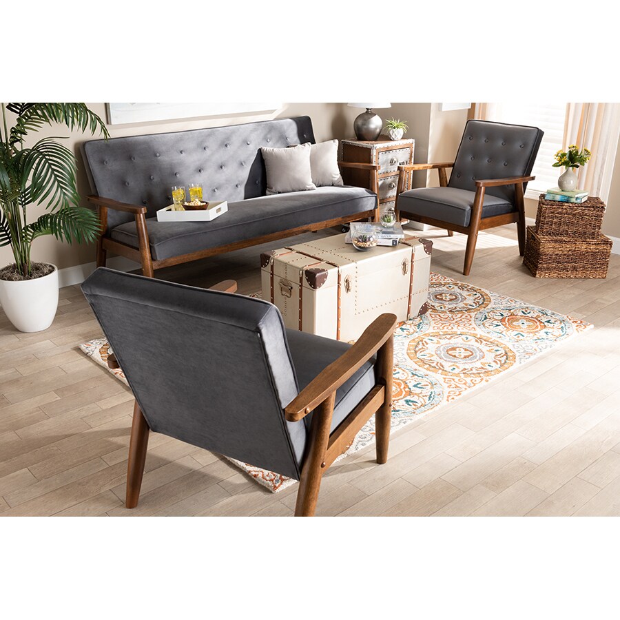 Wholesale Interiors Baxton Studio Sorrento Mid-century Modern Grey Velvet Fabric Upholstered Walnut Finished 3-Piece Wooden Living Room Set