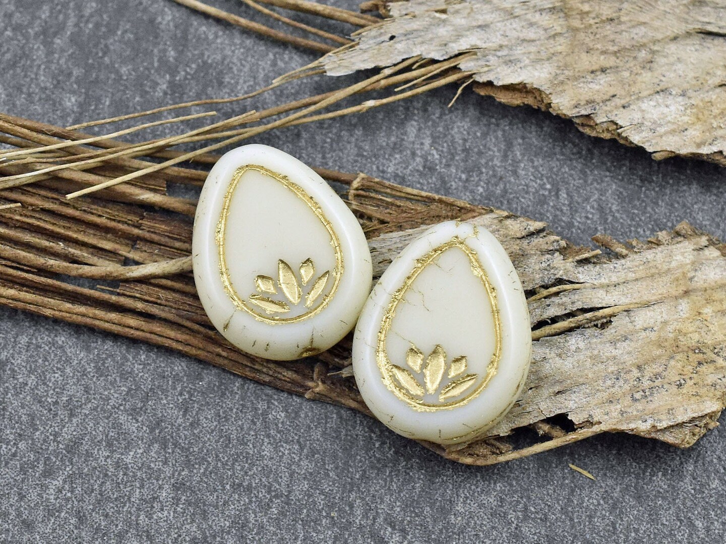 *2* 18x14mm Bronze Washed Opaque Ivory Lotus Teardrop Beads