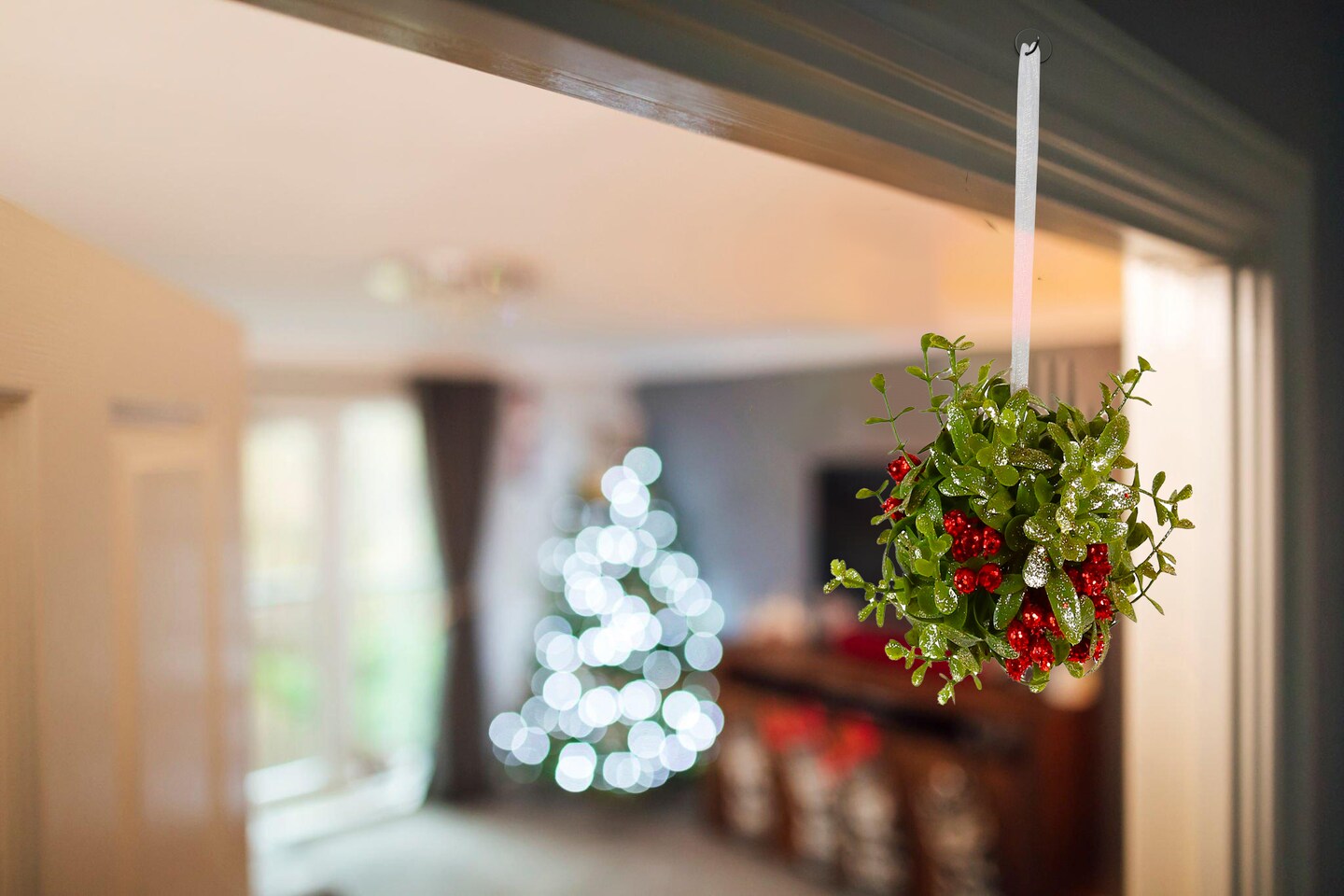 Ornativity Mistletoe Glitter Hanging Ornament - Christmas Mistletoe Ball with Red Berries Holiday Decoration